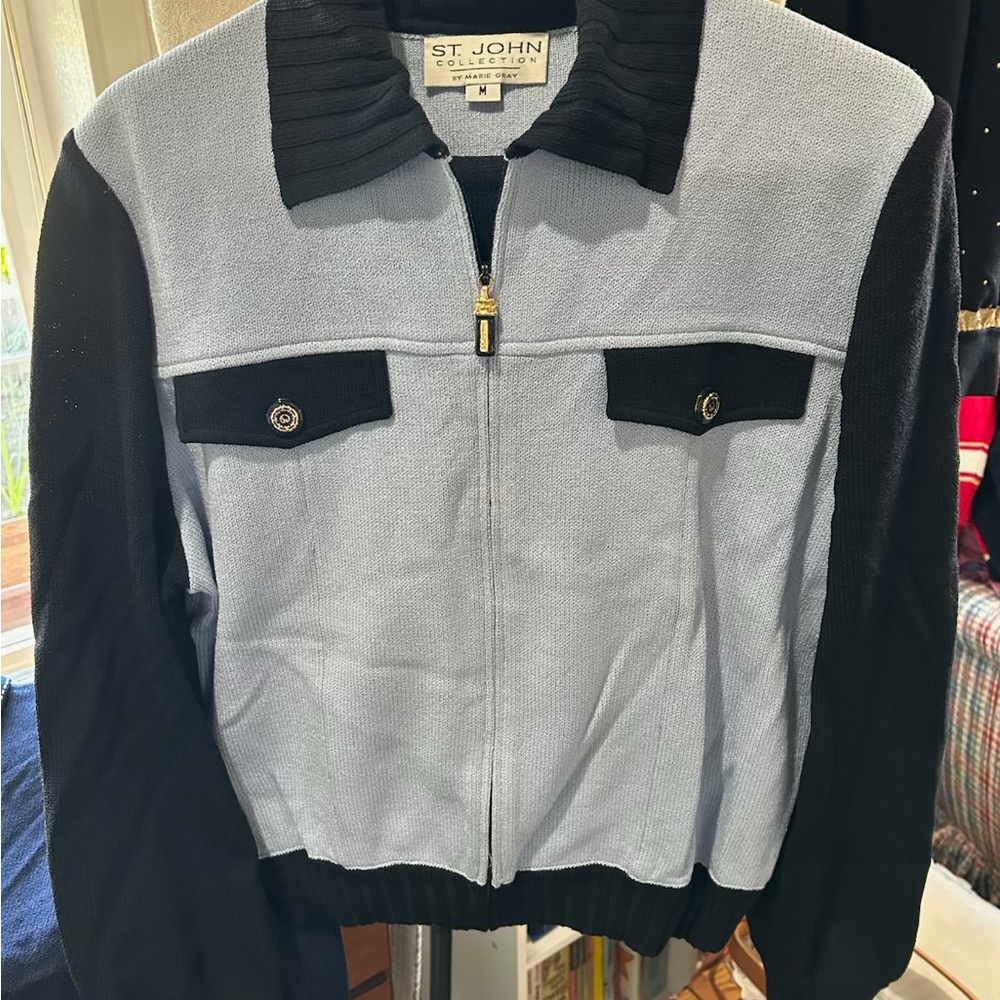 St. John Blueand black Bomber Jacket with black St.John pants